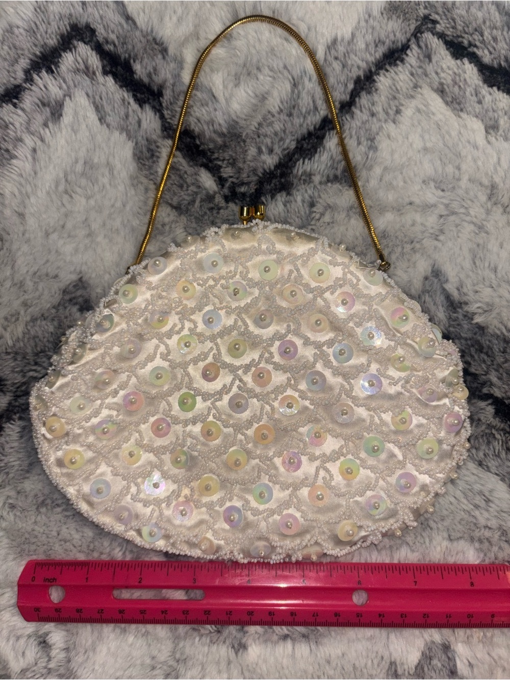 Vintage Iridescent Ivory Sequin Evening Clutch with Gold Chain Handle